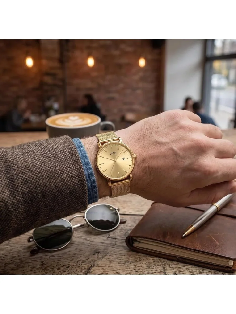 Men's Gold Stainless Steel Mesh Band Minimalist Analog Waterproof Wrist Watch